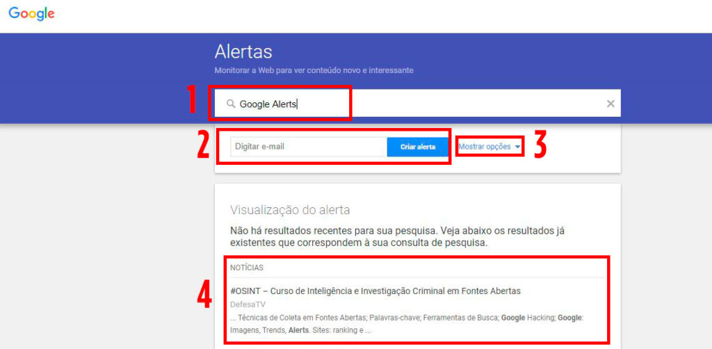 Painel do Google Alerts